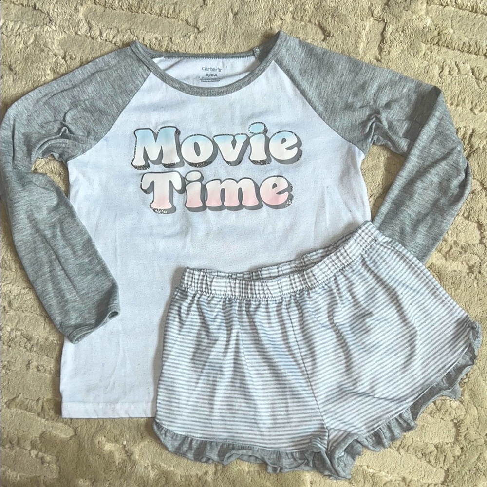 Carters Gray and White 'Movie Time' Pajama Set - long sleeve shirt w shorts